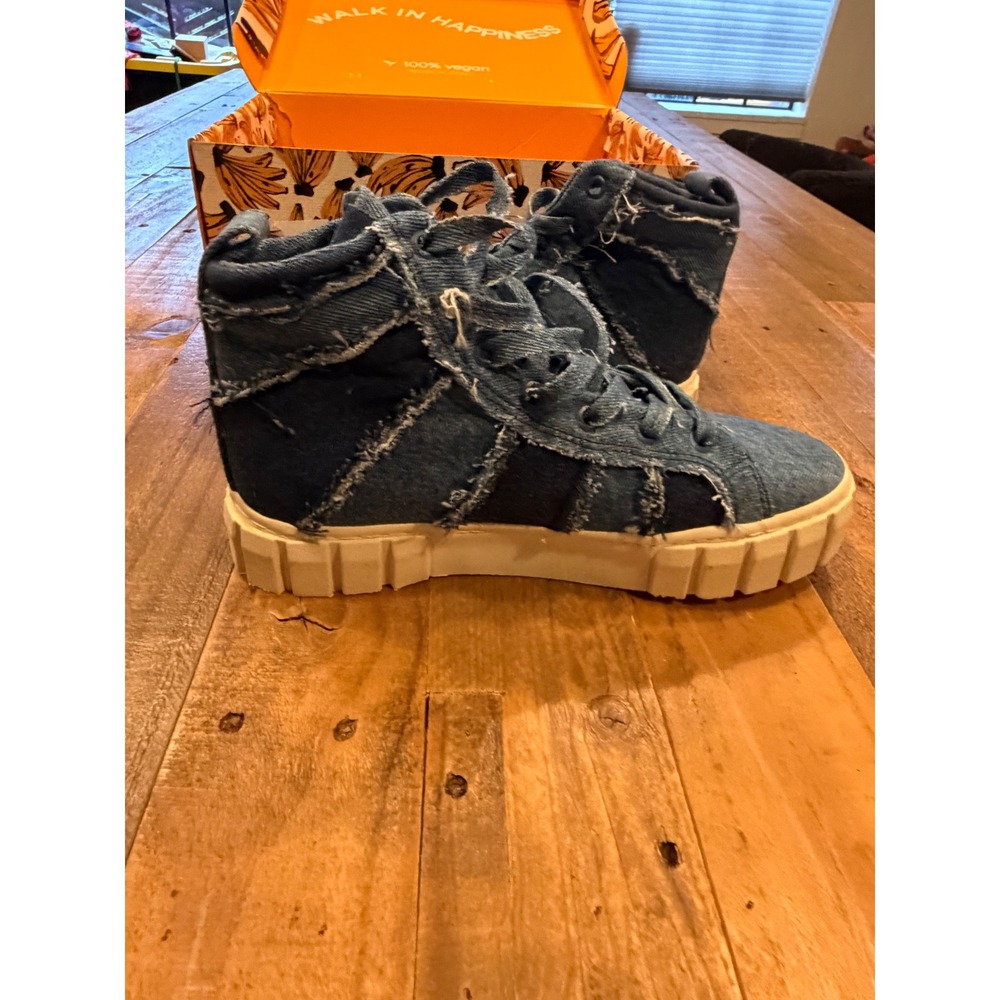 Farm Rio Patchwork Denim High Top Sneakers Blue Distressed Platform Vegan Shoes - Picture 6 of 11